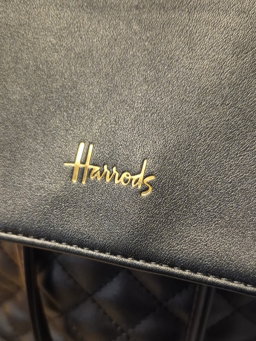 Harrods Quilted Black Backpack Textured Diamond Pattern Gold Tones - Picture 3 of 11
